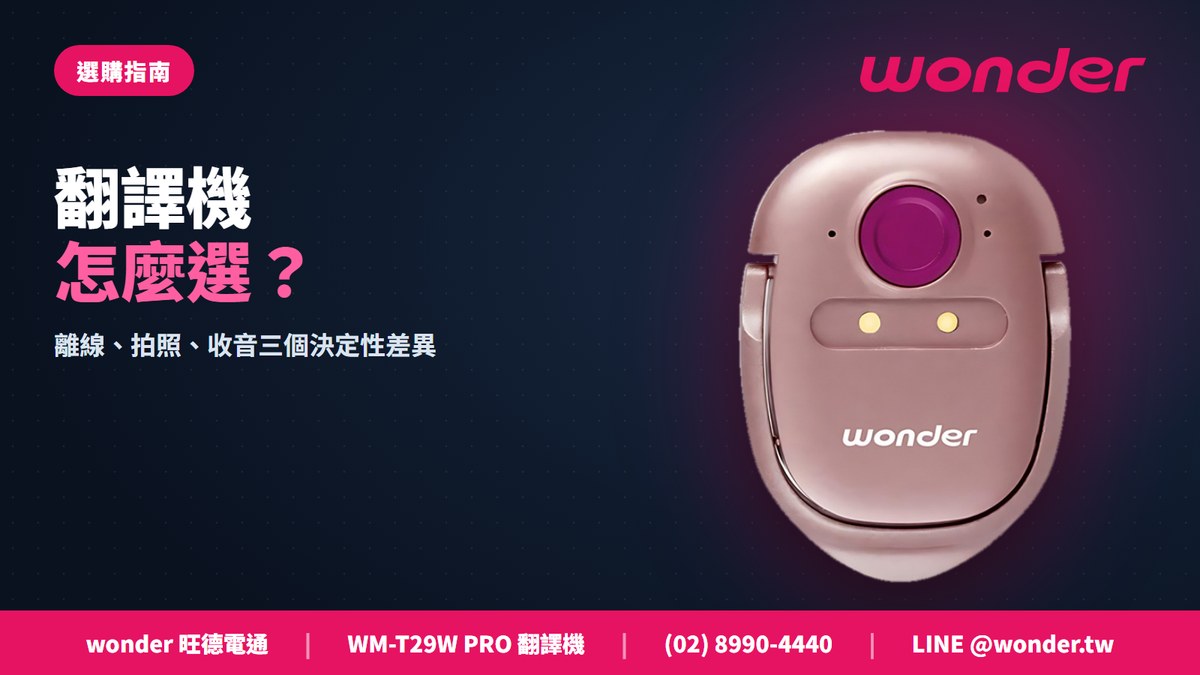 WONDER 離線快點.聊翻譯機 PRO(WM-T29W PRO)的產品照,玫瑰金圓潤機身上方有一顆桃紅色圓形按鍵、中間兩個金色接點,機身下半印有 wonder 字樣,置於深藍背景上